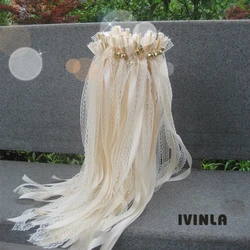 50pcs/lot Cream Lace  wedding ribbon stick wands with gold bell for wedding decoration