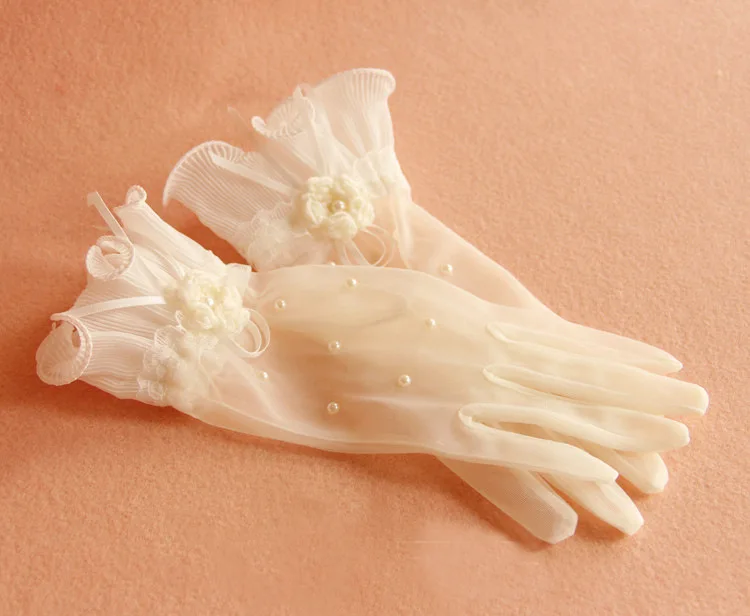 JaneVini – gants de main de mariage en Tulle ivoire pour femmes, accessoires de mariage, doigt complet, courts, avec perles, longueur de poignet