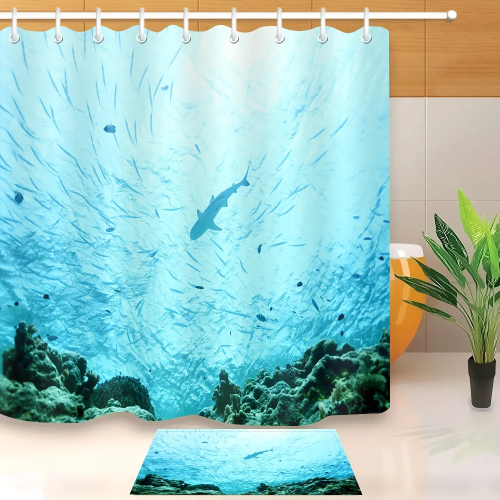 Blue Sea Fish 3d Waterproof Shower Curtains Liner With Bath Mat Set Polyester Bathroom Curtain Fabric for Bathtub Decor