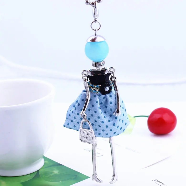 Lovely Dot Dress Wearing Doll Pendant Necklace 7 Color French Paris Girl Long Chain Statement Necklace Fashion Jewelry Accessory