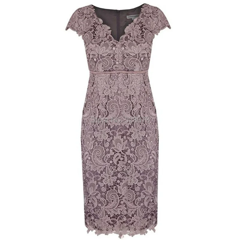 

YNQNFS MD7 Real Photos Venice Lace Cap Sleeve V Neck Tight Knee Length Short Mother of the Bride/Groom Dresses Outfit
