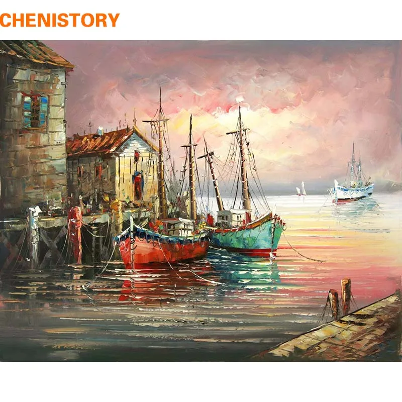 CHENISTORY Tramonto Barca A Vela Pittura di DIY Dai Numeri Immagine di Arte Della Parete della Tela di Canapa Pittura Moderna Complementi Arredo