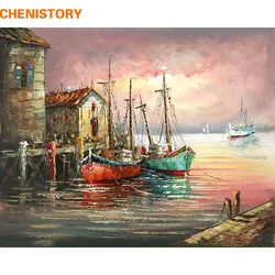 CHENISTORY Tramonto Barca A Vela Pittura di DIY Dai Numeri Immagine di Arte Della Parete della Tela di Canapa Pittura Moderna Complementi Arredo Casa Per Soggiorno 40X50