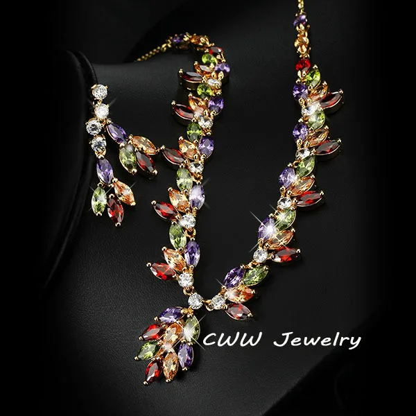 CWWZircons Beautiful In Colors Top Quality CZ Crystal Big Drop Flower Necklace Earrings Jewelry Sets For Women Gift  T069