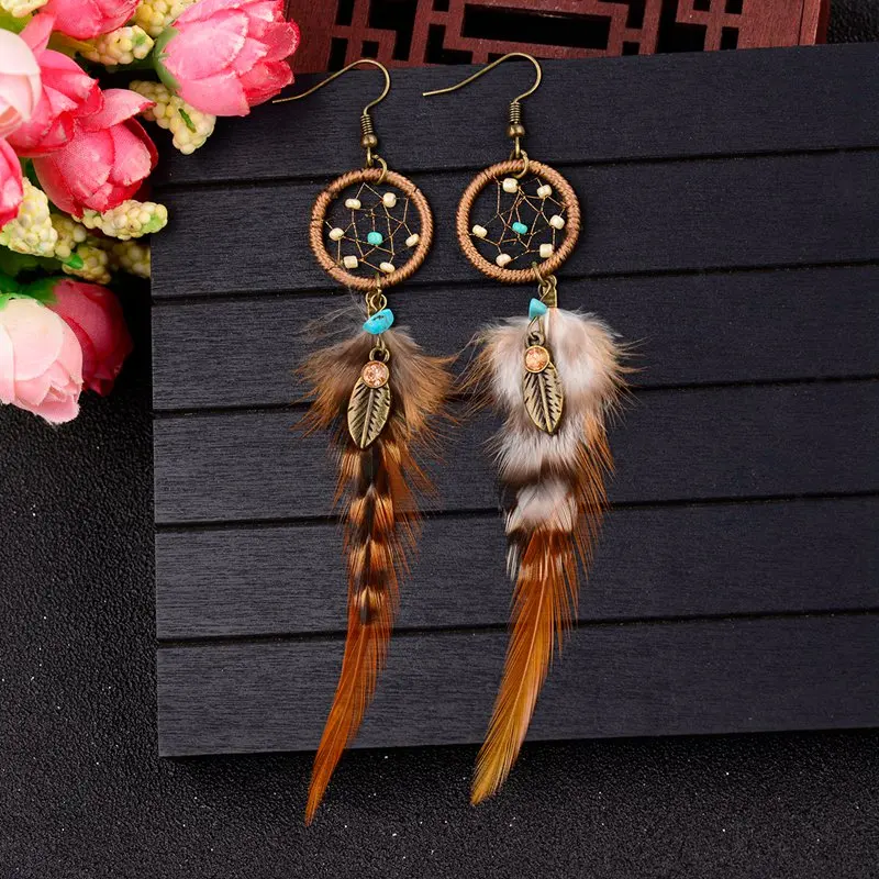 TopHanqi-pendientes de plumas Vintage bohemios para mujer, Pendientes colgantes largos, atrapasueños hechos a mano, joyería de moda