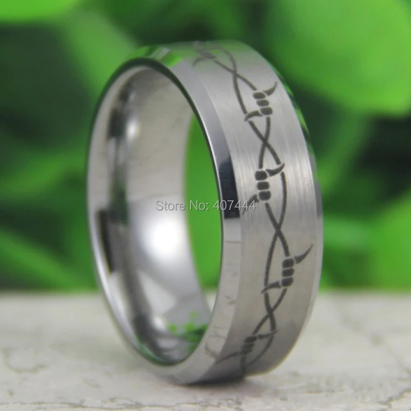 Free Shipping USA UK Canada Russia Brazil Hot Sales 8MM Matte Silver Bevel Barbwire Design Men's FashionTungsten Wedding Ring