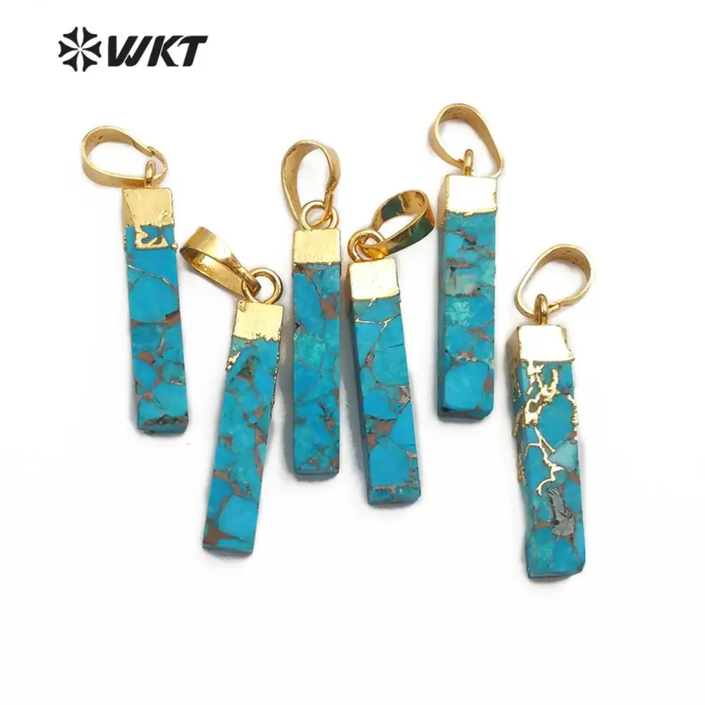 WT-P1453 WKT Gold Electroplated Rectangle Cylindrical Blue Vein Turquoises Pendant Women Fashion Necklace Pendant Jewelry 3