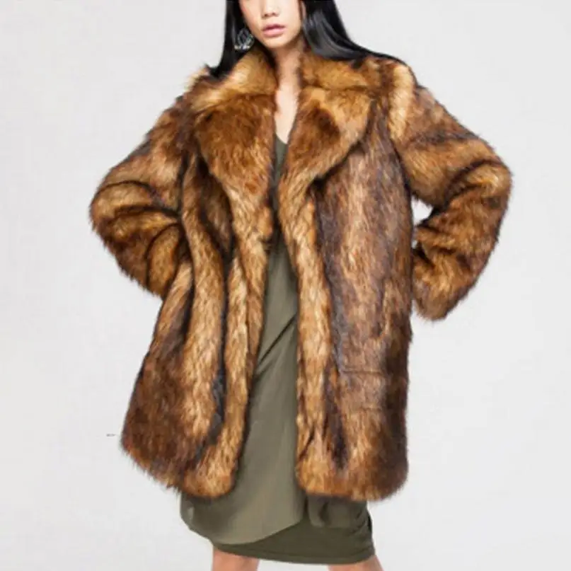 S-6XL Faux Fox Fur Long Coat Woman Brown Oversized Thicken Jacket Female Turndown Collar Winter Fake Fur Outwear L1312 Freeship