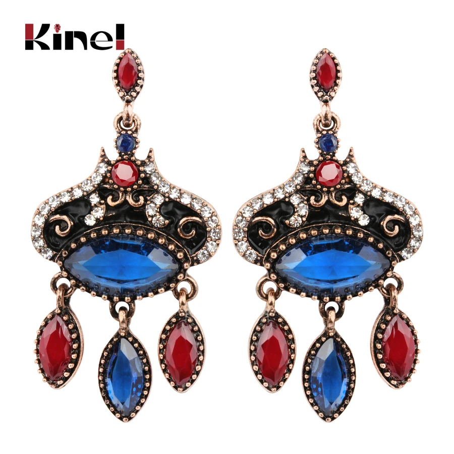 Kinel Turkish Bohemian Jewelry For Women Black Enamel Drop Earrings Mosaic Blue Resin Tassel Earrings Vintage Wedding Jewelry