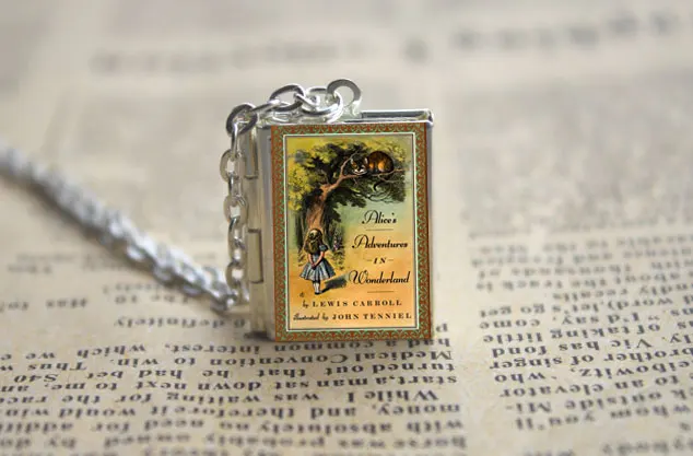 Lewis Carroll Alice in Wonderland Book Cover Locket Necklace keyring silver & Bronze tone image 3