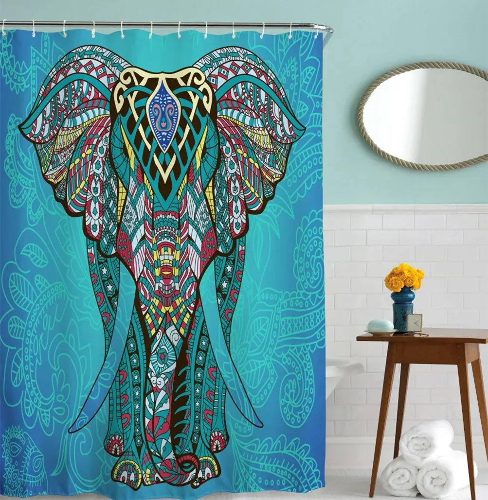 Goodbath Elephant Shower Curtain, Indian Bohemian Boho Waterproof Polyester Fabric Bathroom Bath Curtains Blue