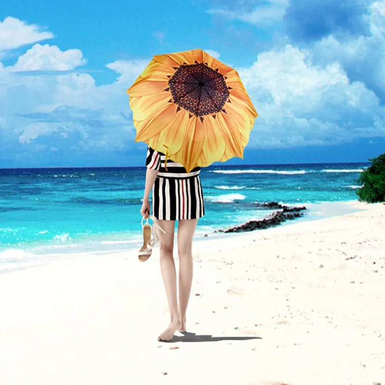 Sunflower Creative Umbrella Three Folding Umbrellas Rain Sun Women Anti-UV Sunshade Parasol Umbrella