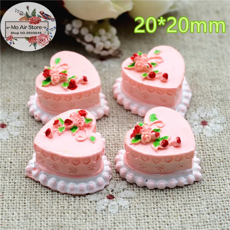 10PCS pink heart cake Resin Flatback Cabochon Miniature food Art Supply Decoration Charm Craft