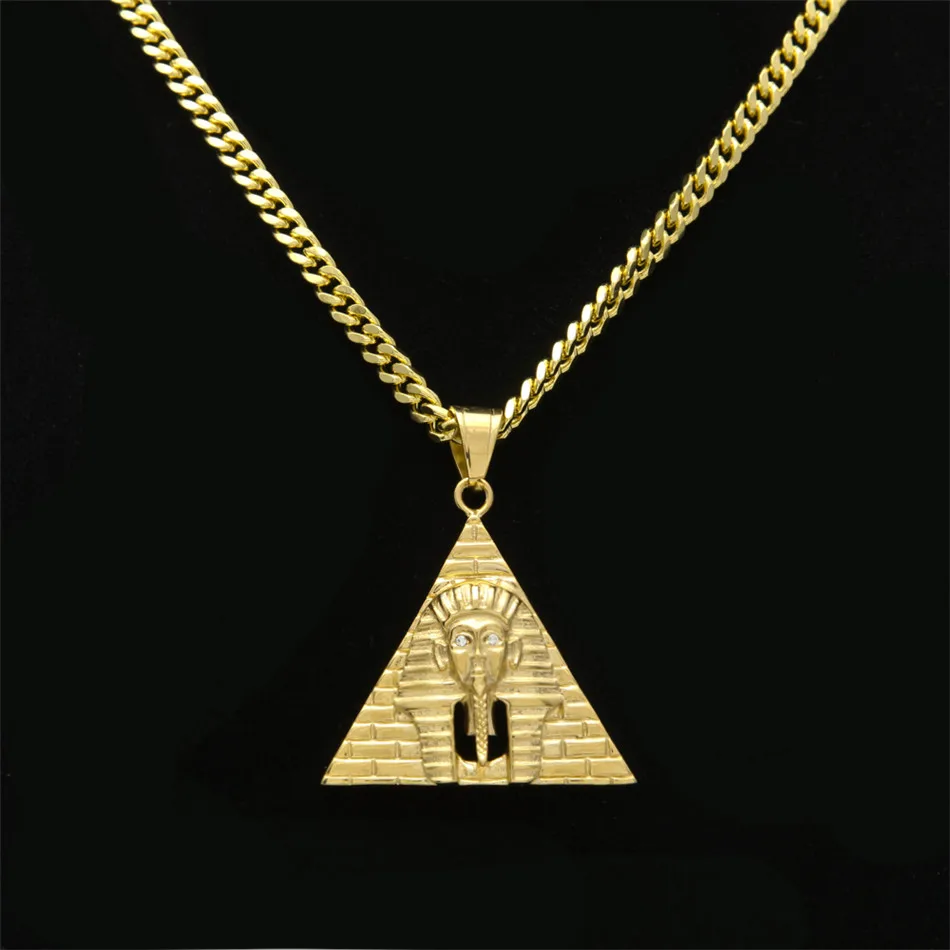 UWIN Men\' Punk Egyptian Pharaoh Pendant Stainless Steel Gold Color Pyramid Charm Necklace Pendants Fashion Hip hop Jewelry