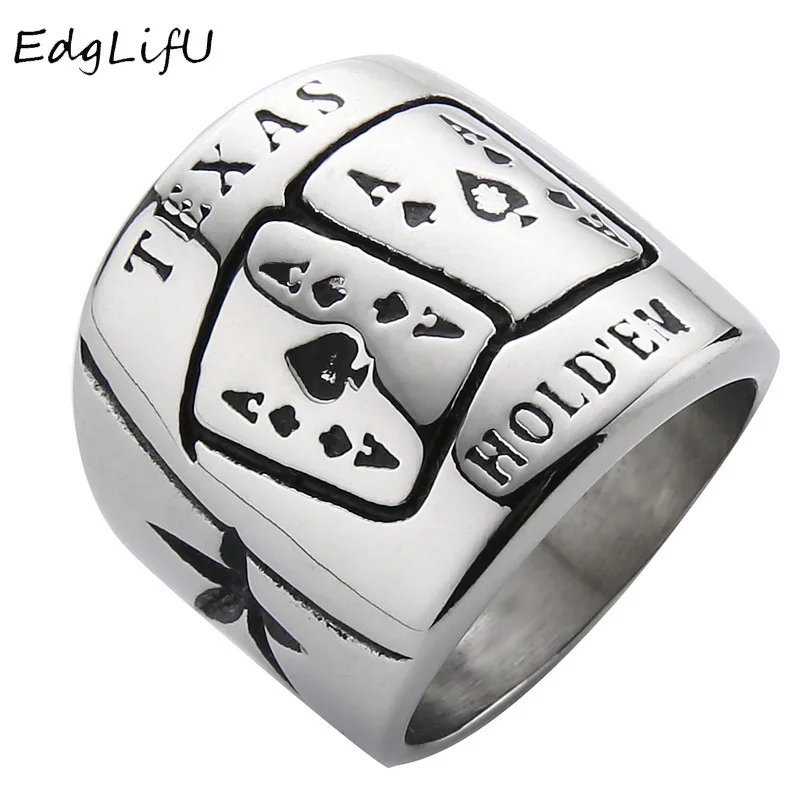 EdgLifU Spades A Heart Shaped Poker Rings for Men Stainless Steel Texas Hold'em Design Personality Rings Silver Black Men Ring