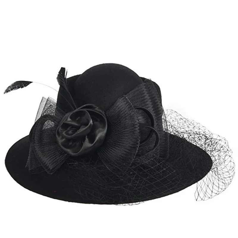 2023 Women Fascinators Wide Brim Wool Felt Hat Cocktail Party Wedding Fedora Hats Dress Church Hat Plumy Felt Floppy Winter Hat