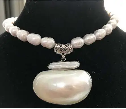 

HOT## Wholesale FREE SHIPPING 17" 10-12mm white biwa dens pendant freshwater pearl necklace mabe pendant