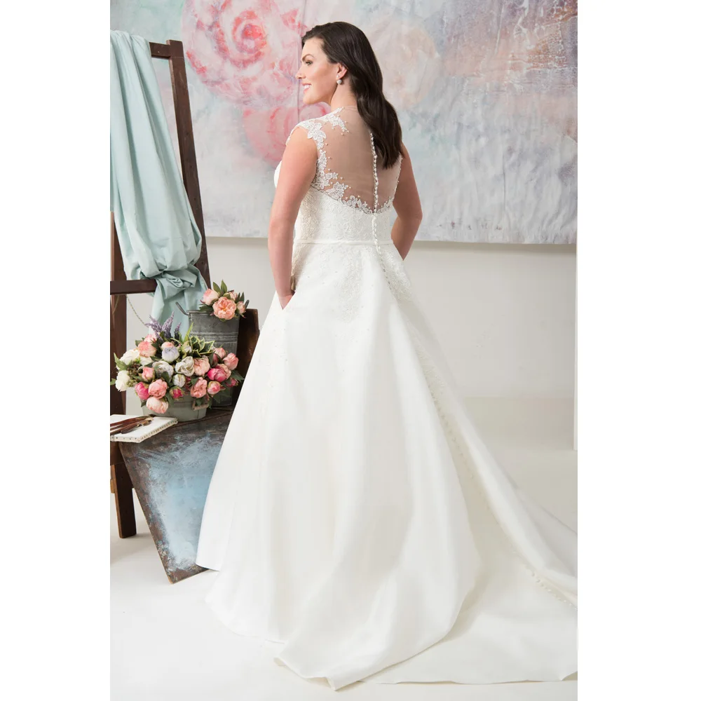 Vestido de novia elegante con bolsillos, vestidos de novia con mangas de casquillo, talla grande, hecho a medida, línea A, satén blanco/Marfil