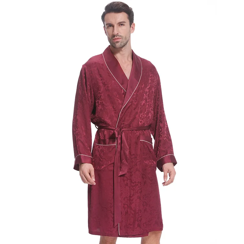 Sexy Genuine Silk Men\'s Sleeping Robes 100% Silkworm Silk Sleepwear Male Fashion Long-Sleeve Bathrobe High Quality Kimono 13167