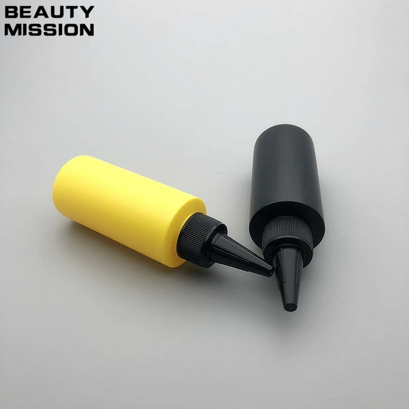 

BEAUTY MISSION 100ml 48pcs/lot empty plastic bottle , black/yellow bottle with black Twist Top Caps, pointed mouth top cap