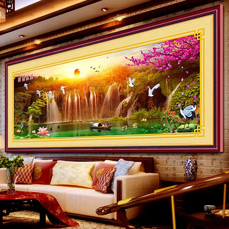 QIUSI needlework DIY cross stitch full embroidery kits,sunset birds lake waterfall plot landscape pattern cross-stitch painting