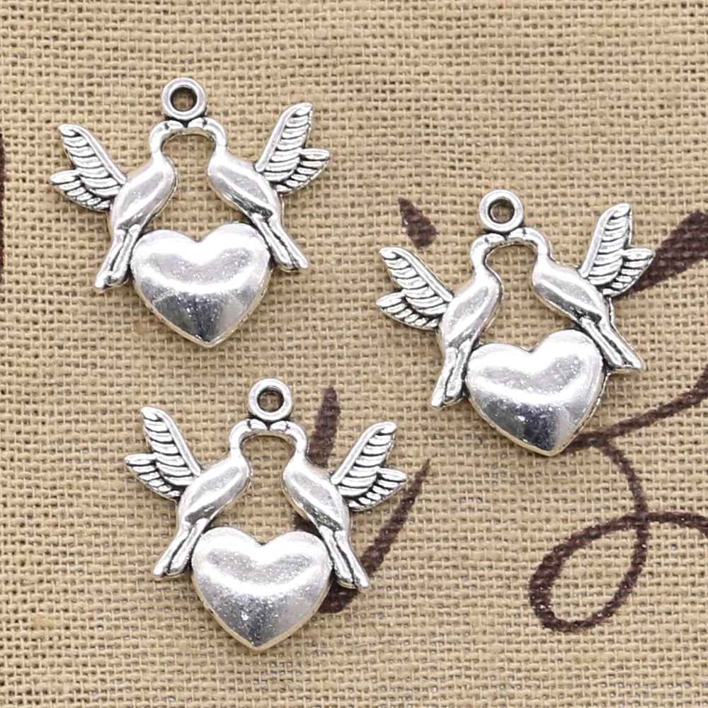 15pcs Charms Kissing Doves Birds Heart 21x21mm Antique Silver Color Pendants Making DIY Handmade Tibetan Silver Color Jewelry