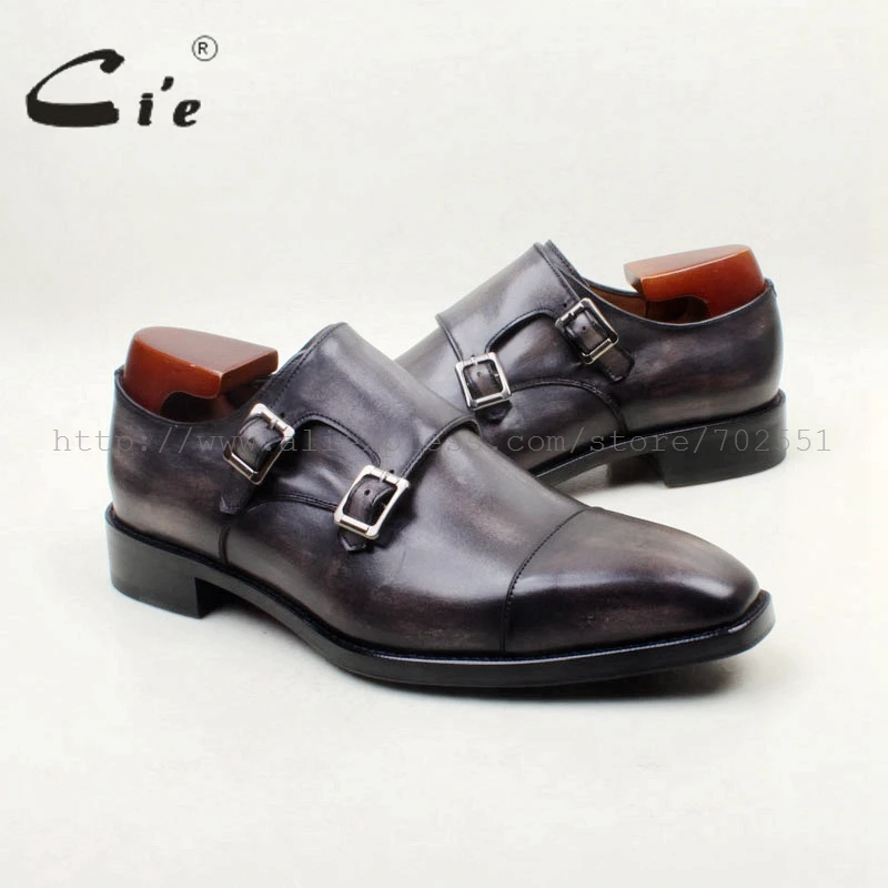 cie Square Cap Toe Handmade 100% Genuine Calf Leather Outsole Breathable Hand-Painted Grey Double Monk Straps Men Shoe MS143