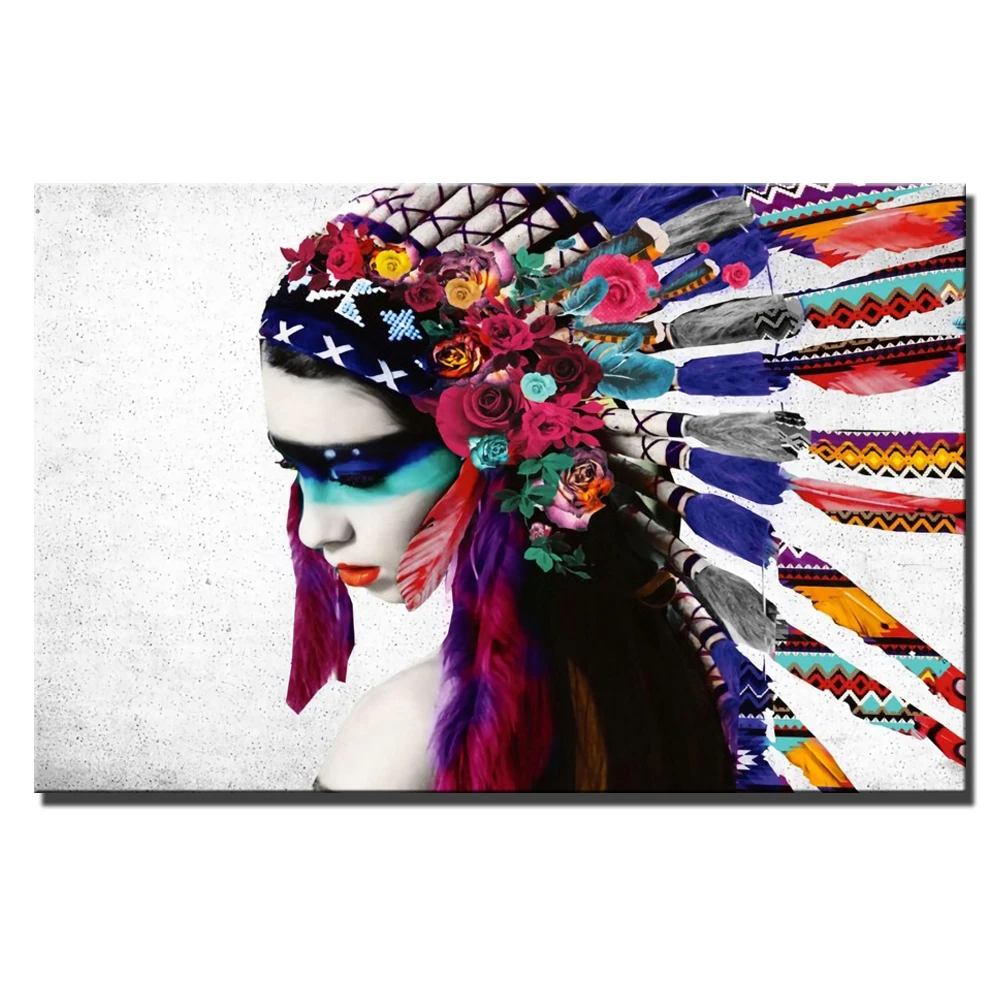 

Watercolor Indian Girl Wall Art Posters And Prints Home Decor Abstract Indian Girl With Feather Cuadros Pictures For Living Room