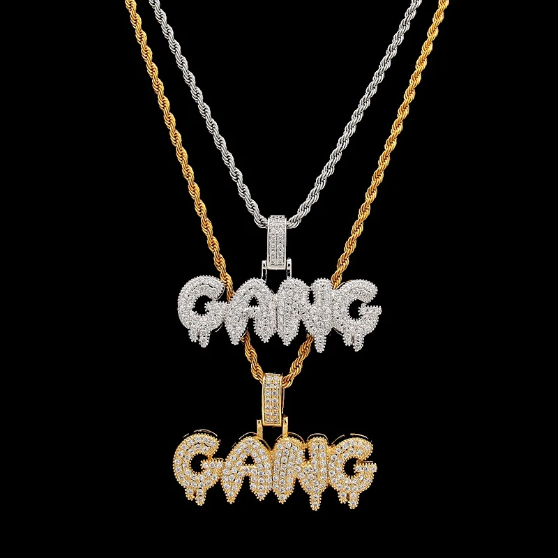 Full AAA CZ Zircon Paved Bling Iced Out Bubble Letter GANG Men Hip Hop Rapper Pendants Necklace Gold Color Alphabet Jewelry