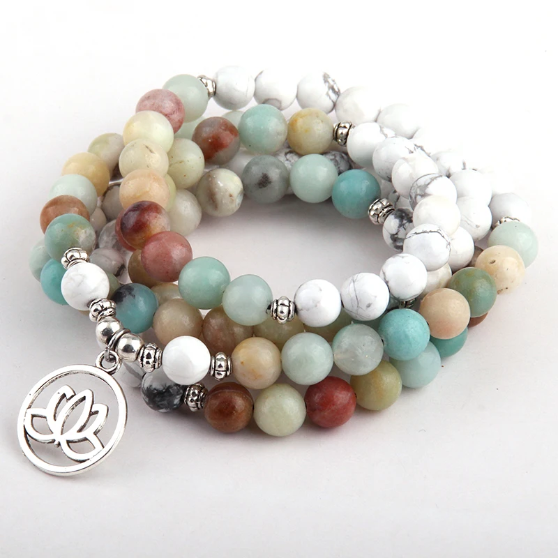 Fashion White Beads Amazonite Stones Bohemian Tribal Jewelry 108 Mala bracelet Lotus Flower Charm Necklace