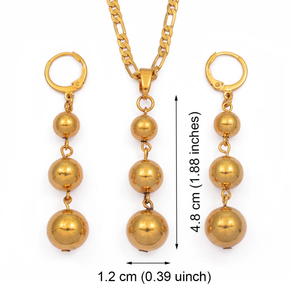 Anniyo Gold Color 3 Ball Jewelry sets Beads Pendant Necklaces Earrings for Women Arab African Ethiopian Jewelry #106406