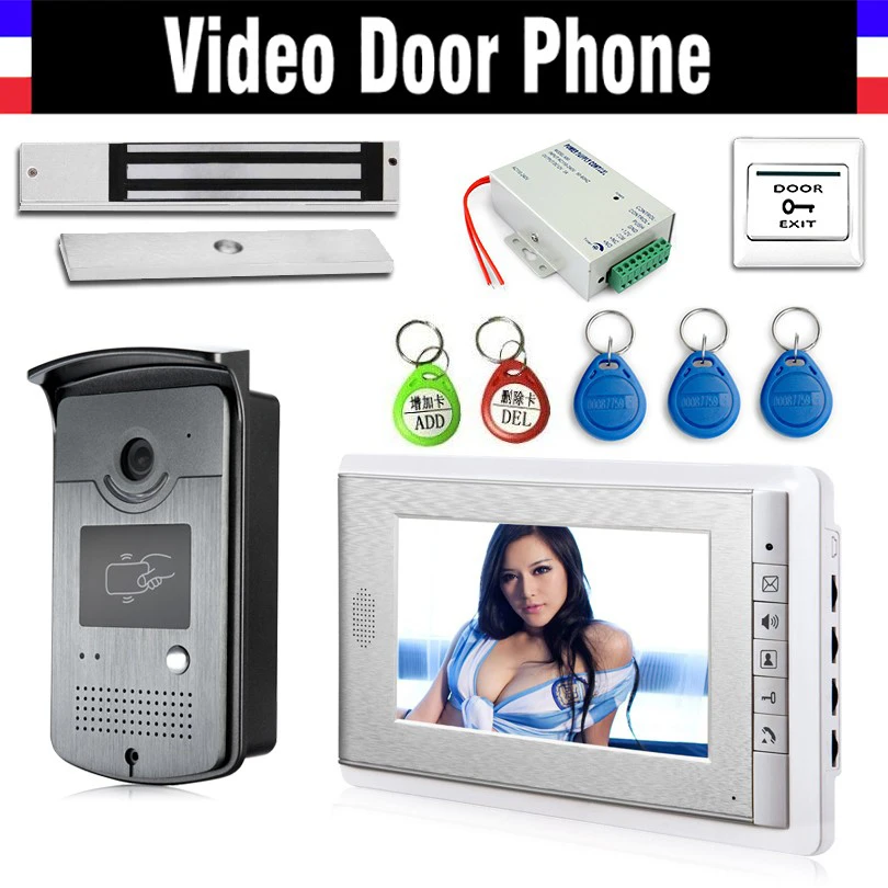 

7" Screen Video Door Phone Intercom Doorbell System RFID Card+ 180kg Electric Magnetic Lock+ Door Exit +Power, Camera Waterproof