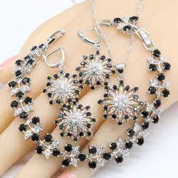 Flower Shape Black White Zircon Silver Color Wedding Jewelry Sets For Women Earrings Bracelet Rings Necklace Pendant