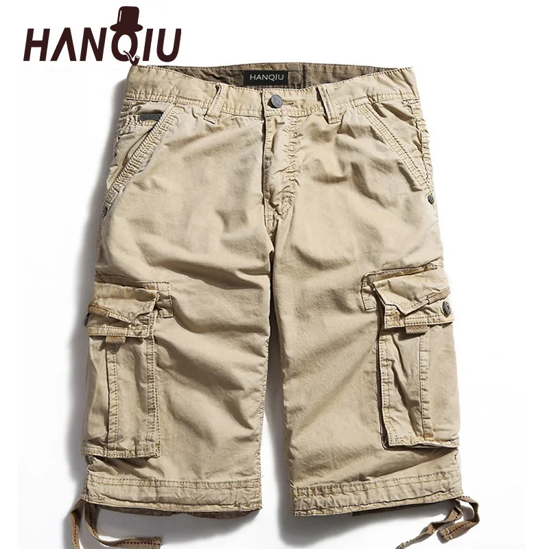 

HANQIU Summer Men's Cargo Shorts Solid Pure Cotton Multi-Pocket High Quality Mid-Waist Loose Army Tactical Militray Shorts