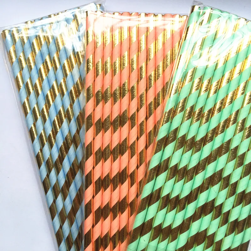 Free DHL  Paper Straws Gold Foil Stripe Paper Straws,Gold foil/Coral Stripe Paper Straws Mint Gold Foil Straws Mix 1000pcs