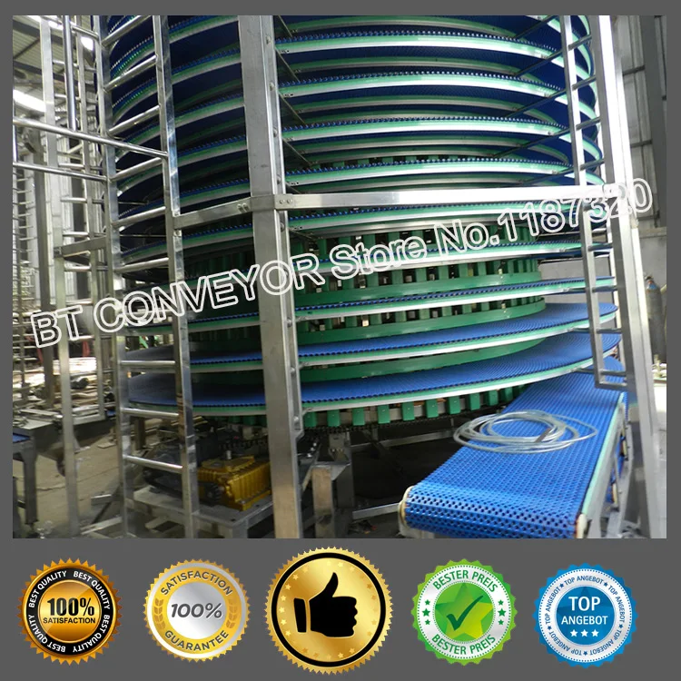 Spiral chain conveyor, stainless steel frame, food grade plastic net belt, cooling tower for food, bread. screw conveyor