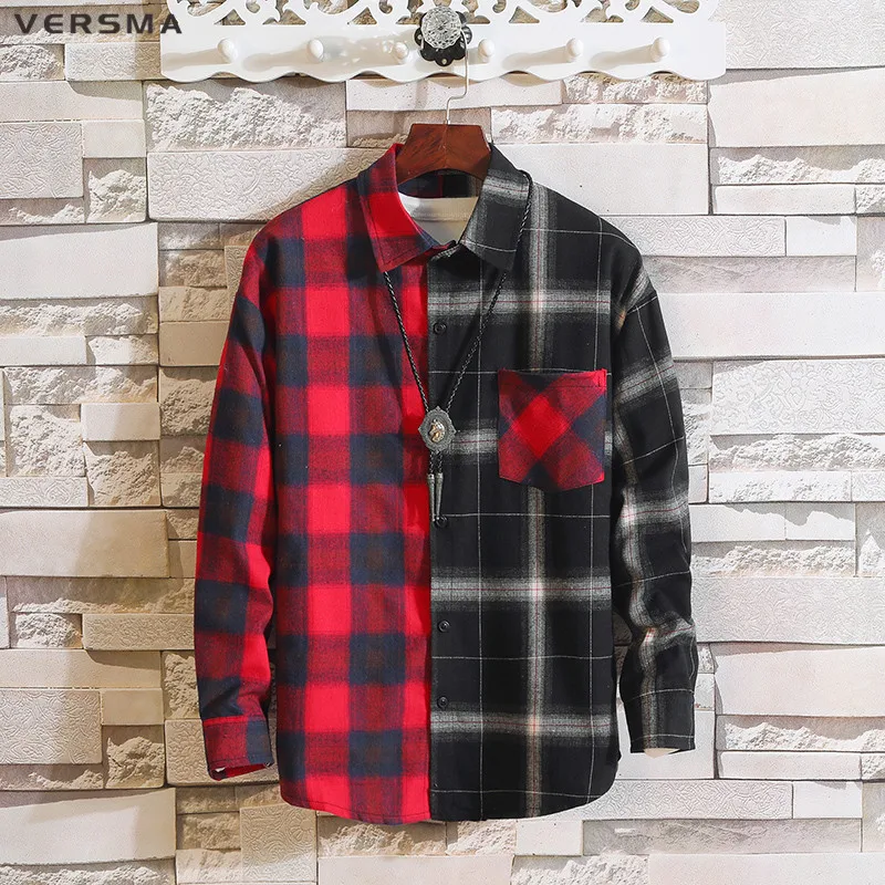 VERSMA Japanese Harajuku Vintage Plaid Patchwork Shirts Men Women Autumn Kpop High Street Hip Hop BF Oversized Couple Shirt Male