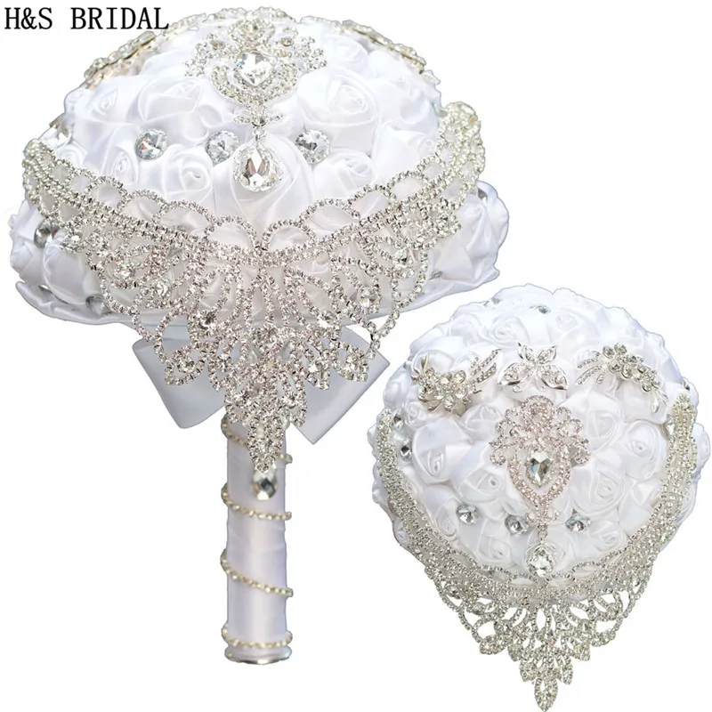 

H&S BRIDAL White Crystals Crown Wedding Flowers Crystals Bridal Bouquets Artificial Wedding Bouquets buque de noiva 2020