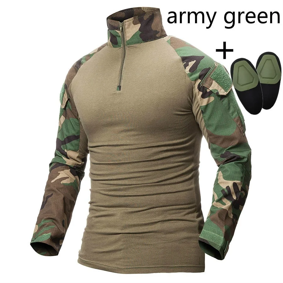 Army Military Uniform Camouflage Quick Dry T Shirts Tactical Combat Shirts Airsoft War Game Clothing Shirt with Elbow Pads