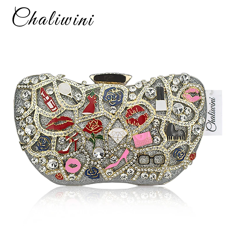 Chaliwini Women Evening Bags Ladies Clutch Bags Red Grey Black Gold Diamond Box Wallet Wedding Party Purse 4 Colors