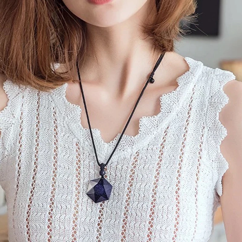 Genuine Blue Sand Stone Pendants Six Stars Pendant Energy Stone Sweater Chain Necklace Women Fashion Jewelry