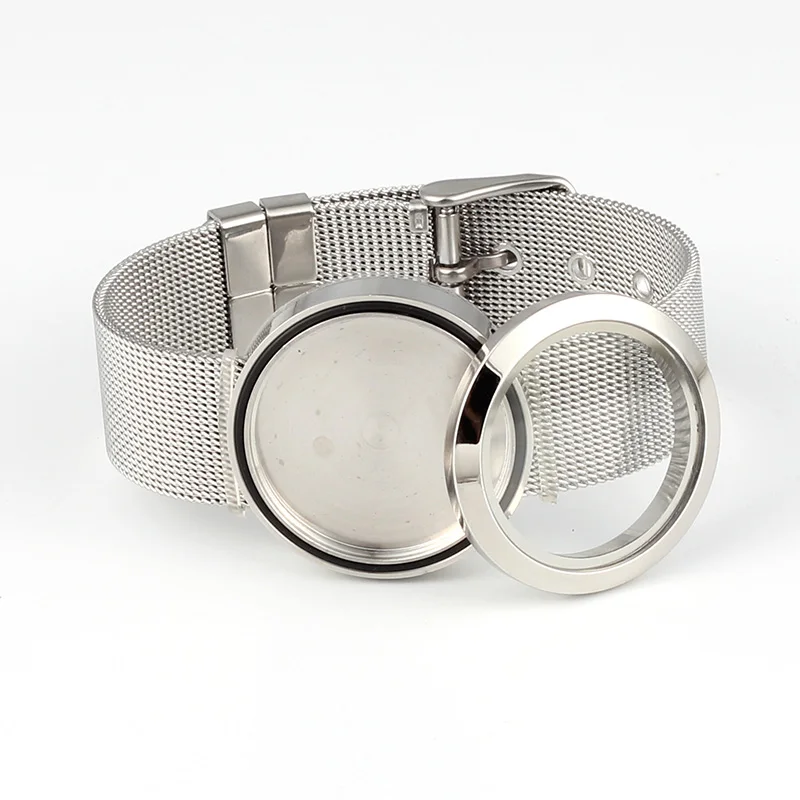 316L Stainless Steel Waterproof 25mm/30mm Screw Top Floating Locket Bracelet with Mesh Watchband