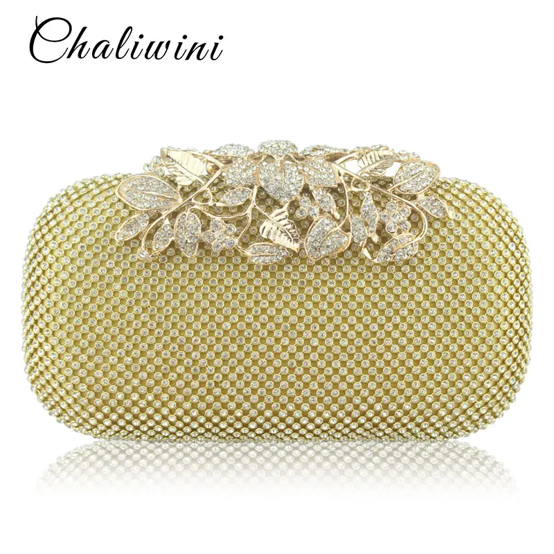 

Chaliwini Flower Crystal Evening Clutches Bags Wedding Purse Rhinestones Wedding Handbag Silver Gold Black Evening Bag