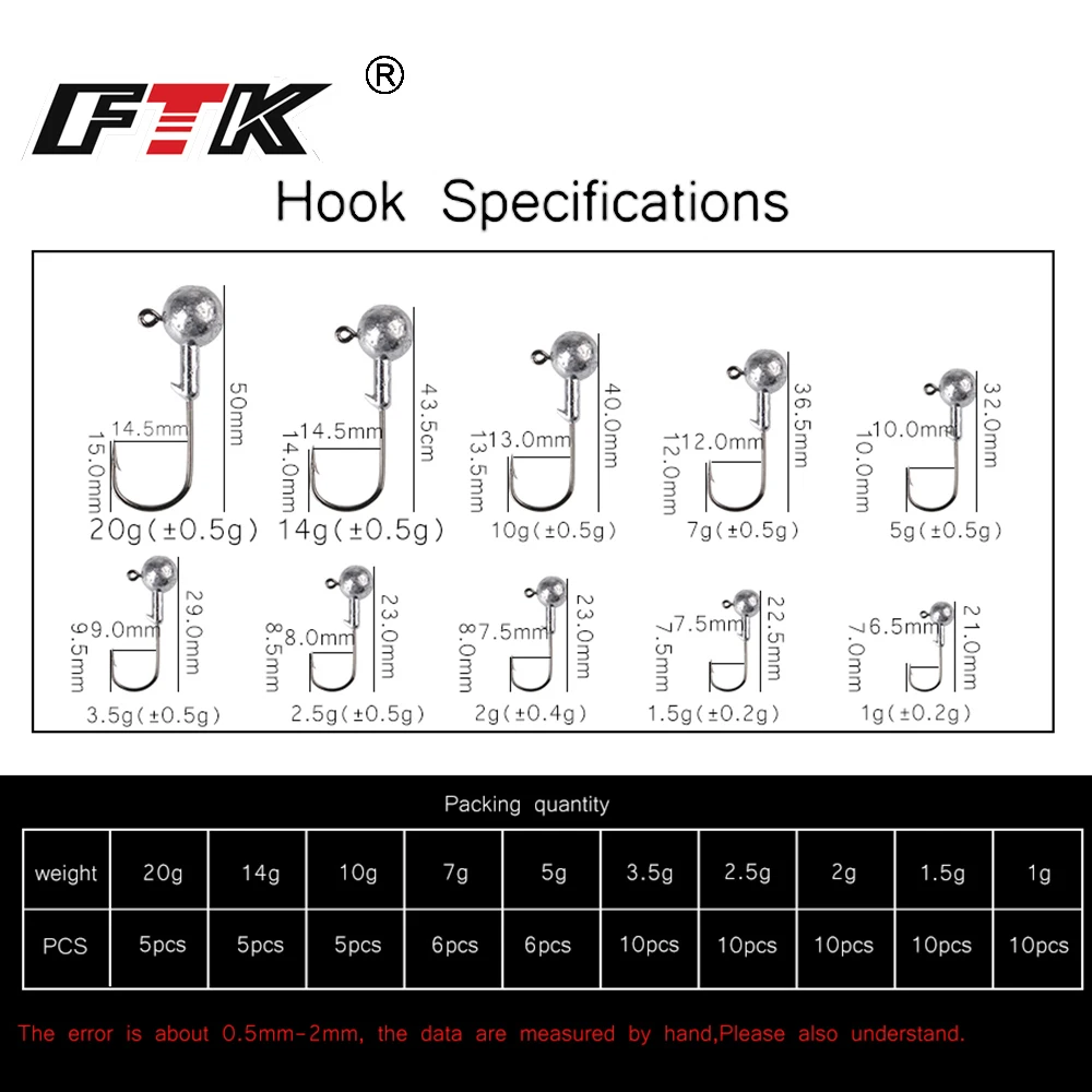 FTK High Quality 10g-20g 5pcs/lot 5g7g 6pcs/lot 1g-3.5g 10pcs Hook Jig Bait Fishing Hooks For Soft Lure Fishing Tackle