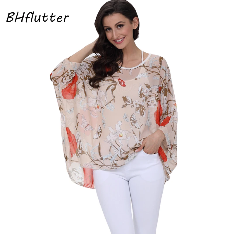 BHflutter Women Blouses Summer Tops Tees New Style 2018 Batwing Casual Chiffon Blouse Shirt 4XL 5XL 6XL Plus Size Women Clothing