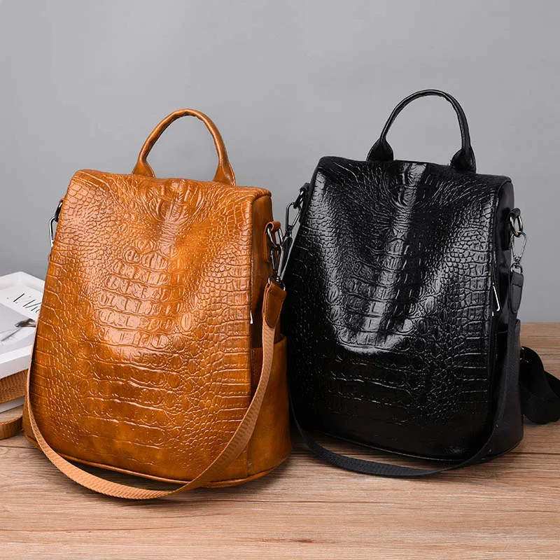 women\'s backpack 2020 new vintage leather  Crocodile trave backpack girls school bag fashion black shoulder bag FENGTING FTB060