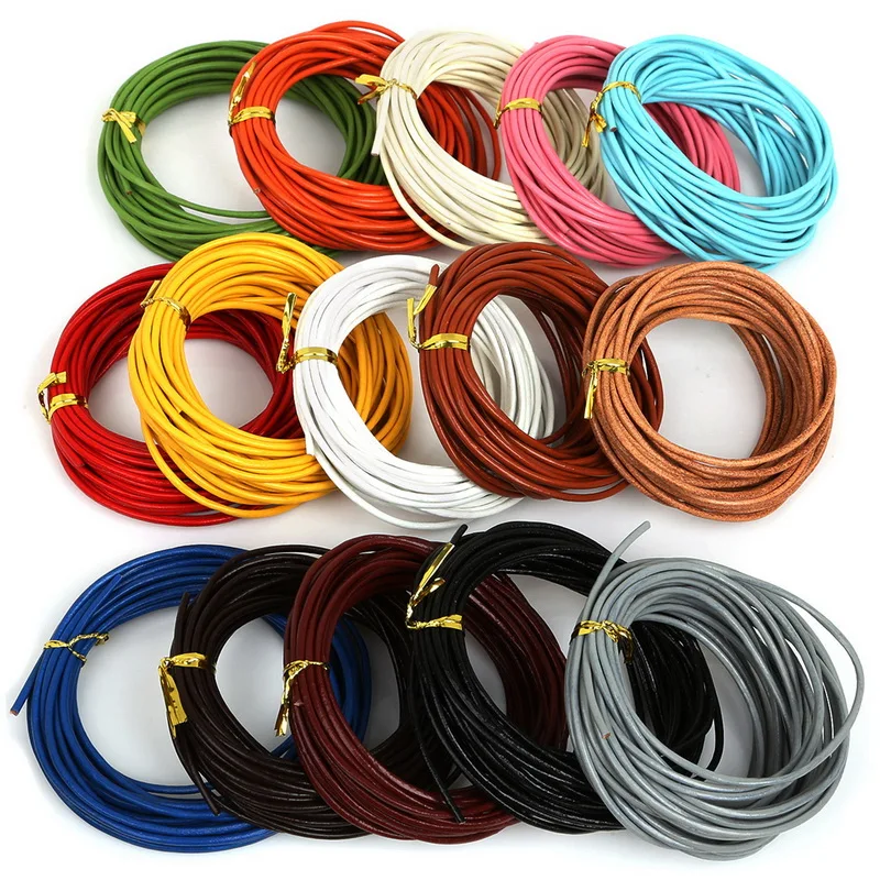 Wholesale  2mm 15 Color 5M Round Shaped Genuine Lether Hide Rope String Cord For Handmade Sewing Accessories