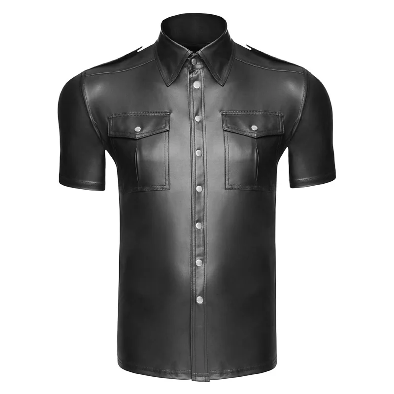 

Men Sexy Police Uniform Faux Leather Shirt Summer Short Sleeve Cop Gay Costume M-XXL