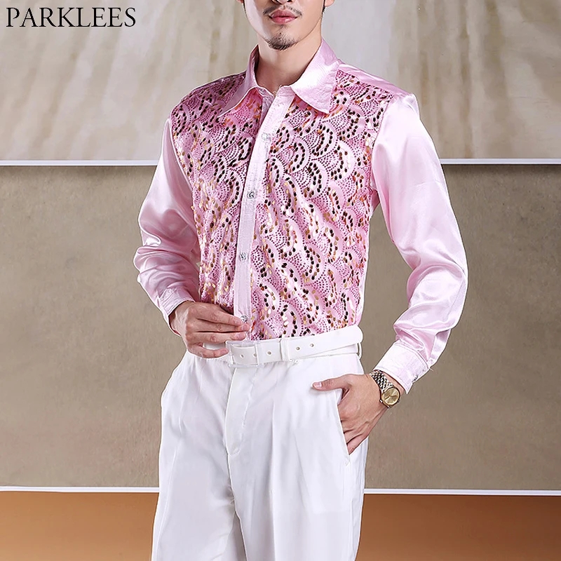 Mens Wave Pattern Sequin Club Party Shirts 2019 New Stage Prom Button Down Chemise Homme Dance Host Chorus Shirt Male Pink