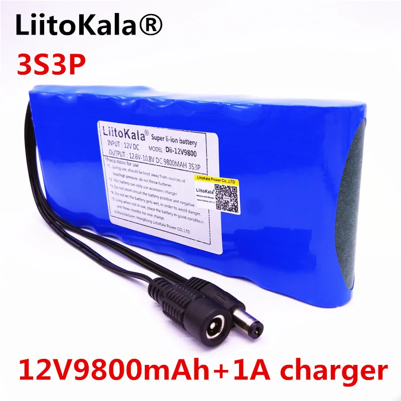 HK LiitoKala 12V 9800mAh 18650 DC 12V 12.6V Super Rechargeable Pack EU/US plug adaptor for CCTV camera video Battery Portable